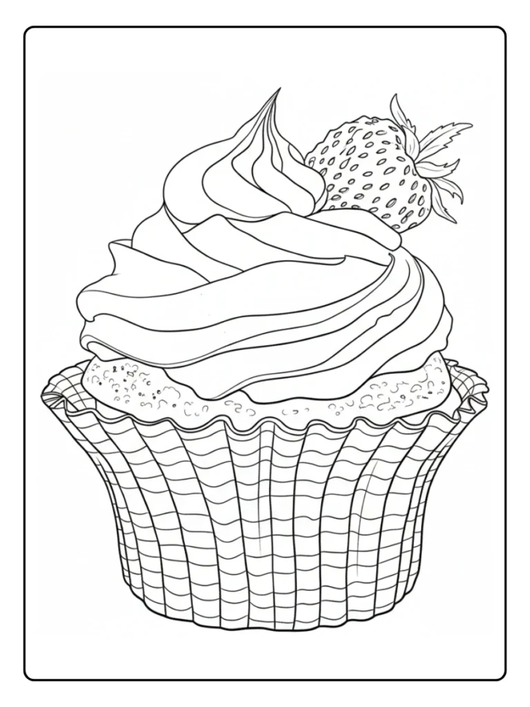 Classic strawberry cupcake coloring page, simple dessert line art.