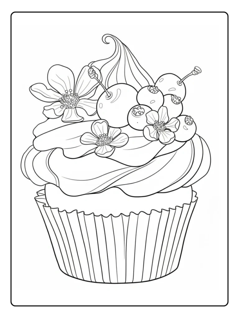 Cherry cupcake coloring page, dessert with fruit and small flowers.