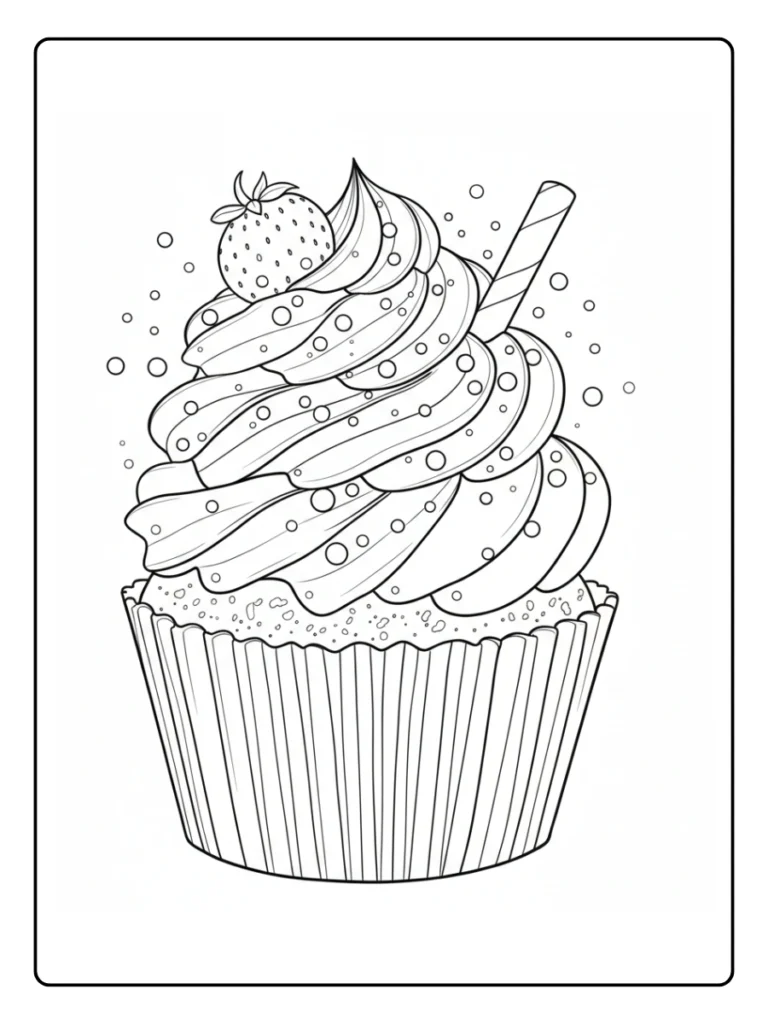 Sprinkle cupcake coloring sheet, dessert with a wafer stick and strawberry.