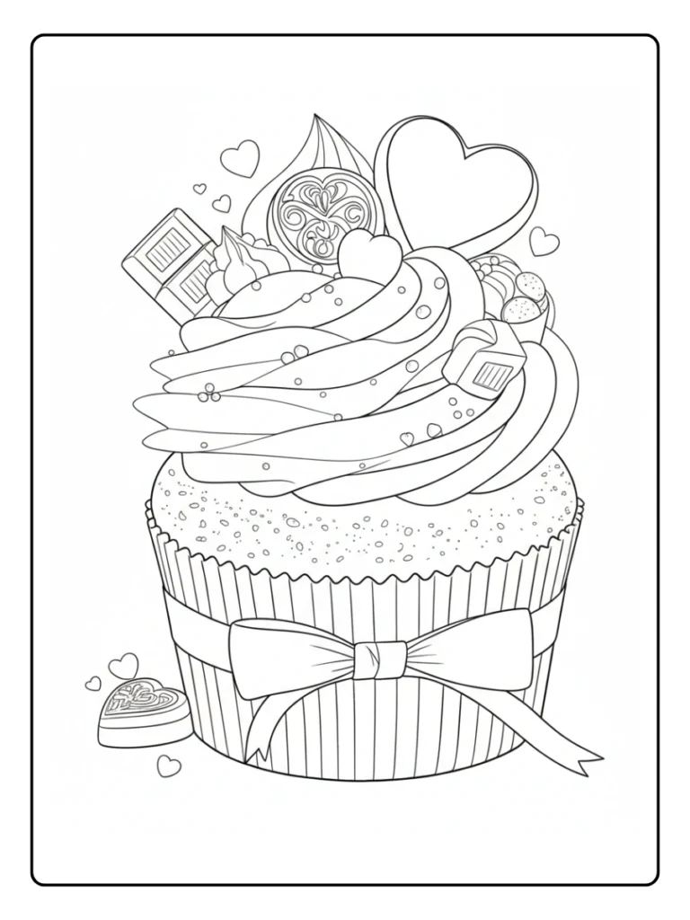 Valentine cupcake coloring page, dessert with chocolate bar and hearts.