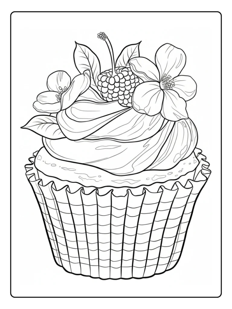 Flower and strawberry cupcake coloring sheet, fruity dessert line art.