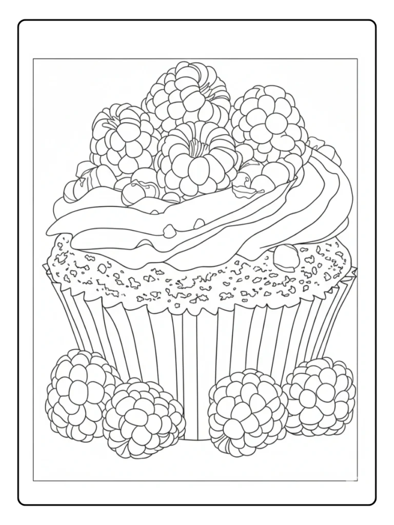 Raspberry cupcake coloring sheet, dessert surrounded by berries.