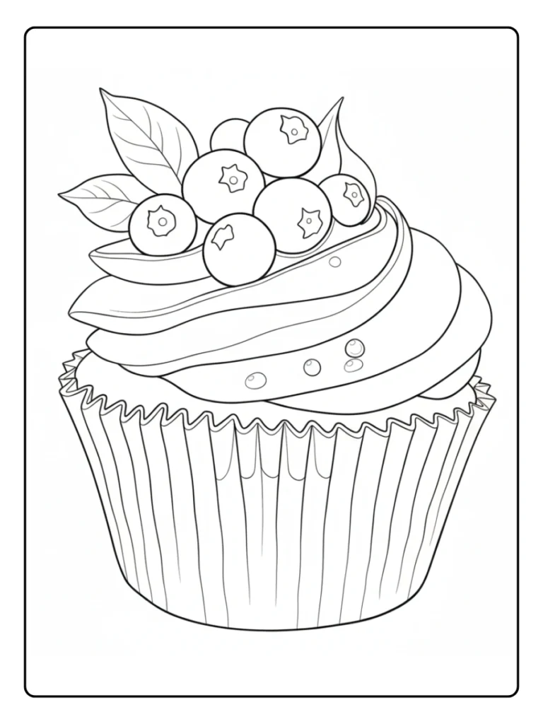 Blueberry cupcake coloring page, dessert with berries and leaves.
