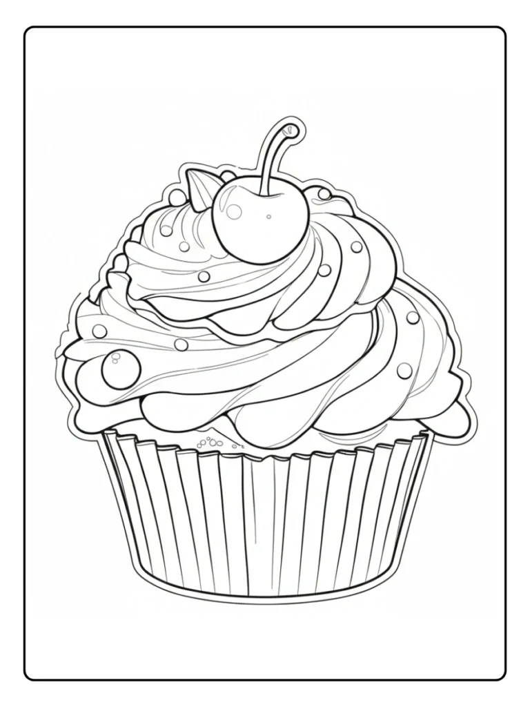 Cherry on top cupcake coloring sheet, simple dessert with a single cherry.