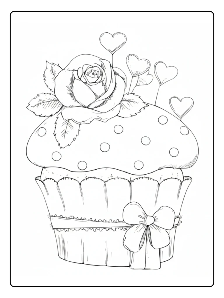 Polka dot cupcake coloring page, dessert with rose and heart bubbles.
