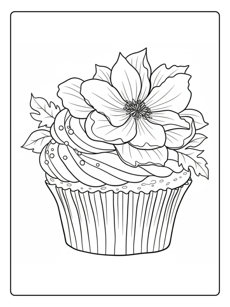 Floral frosting cupcake coloring sheet, dessert with a large flower topper.