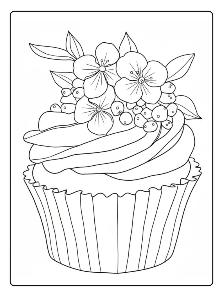 Bouquet cupcake coloring page, dessert topped with many small flowers.