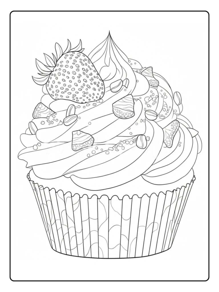 Strawberry cupcake coloring sheet, simple dessert with fruit topper.