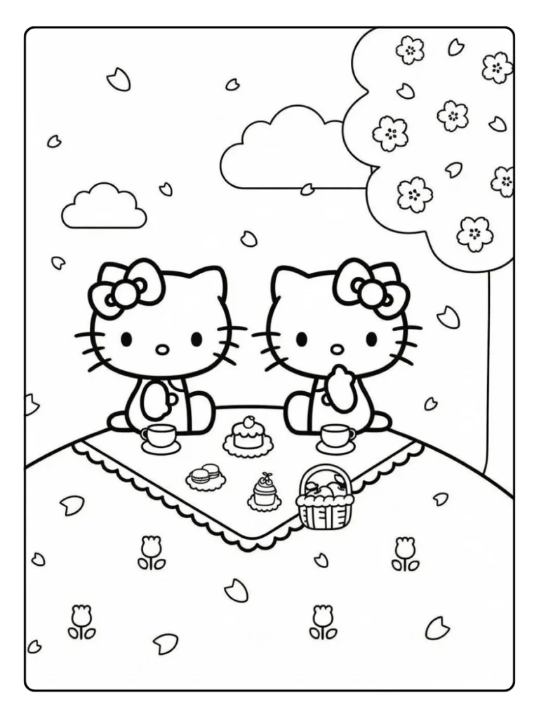 Hello Kitty and Mimmy tea party coloring page