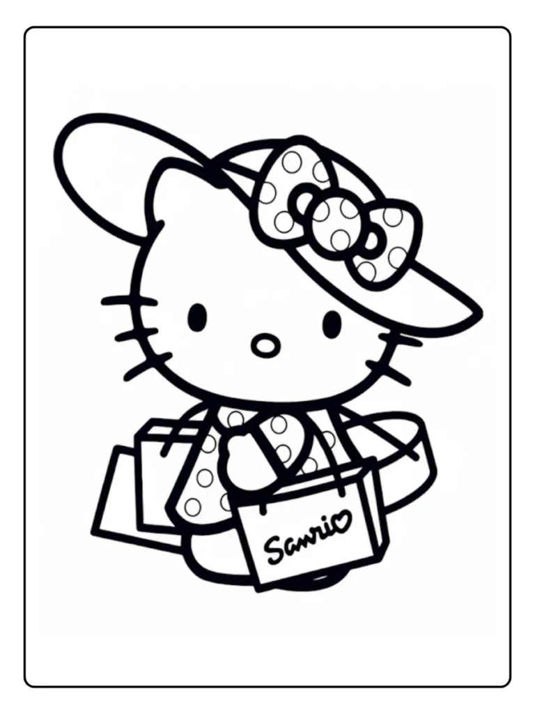 Shopping Hello Kitty coloring page, character with hat and bags.