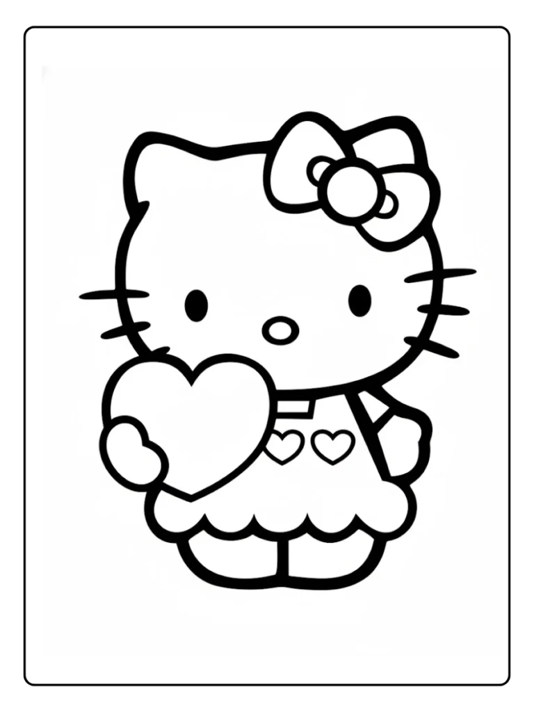 Sweet Hello Kitty coloring sheet, character holding a heart.