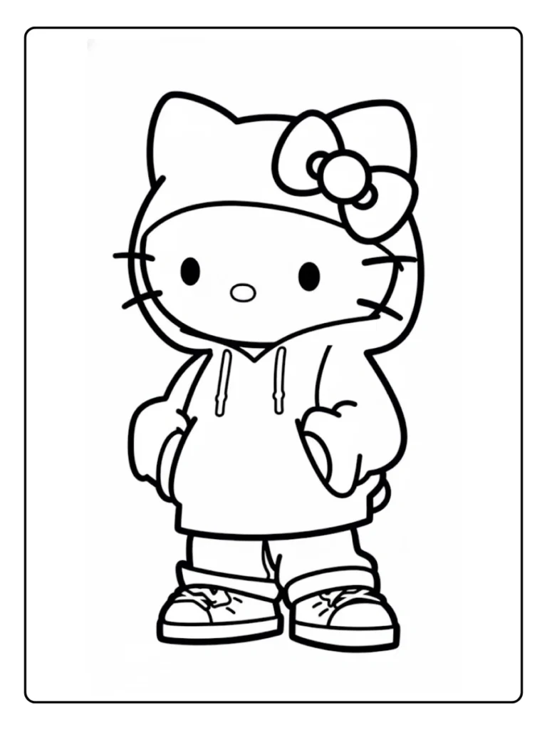 Streetwear Hello Kitty coloring page, character wearing a hoodie.