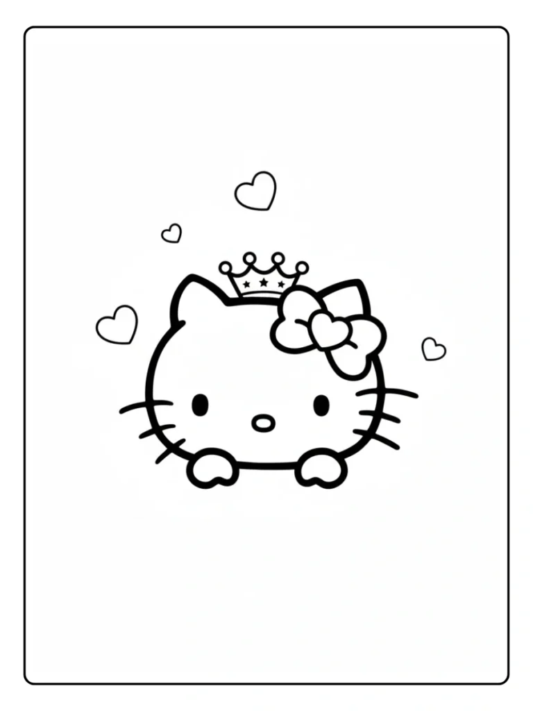 Hello Kitty face coloring sheet, character head with crown and hearts.