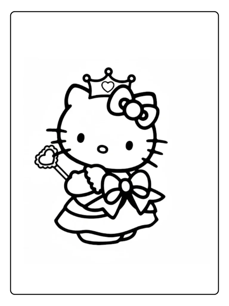 Royal Hello Kitty coloring page, character with crown and scepter.