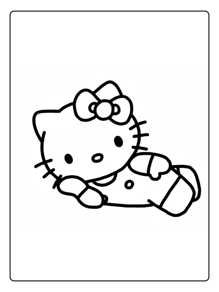 Lying down Hello Kitty coloring page, cute character relaxing.