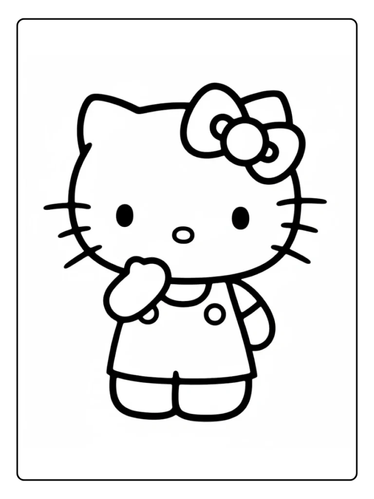 Classic Hello Kitty coloring sheet, character in overalls waving.