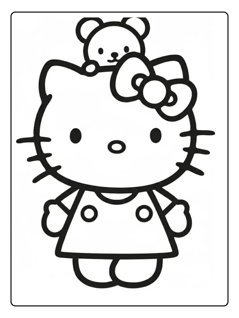 Hello Kitty with friend coloring page, tiny bear on her head.