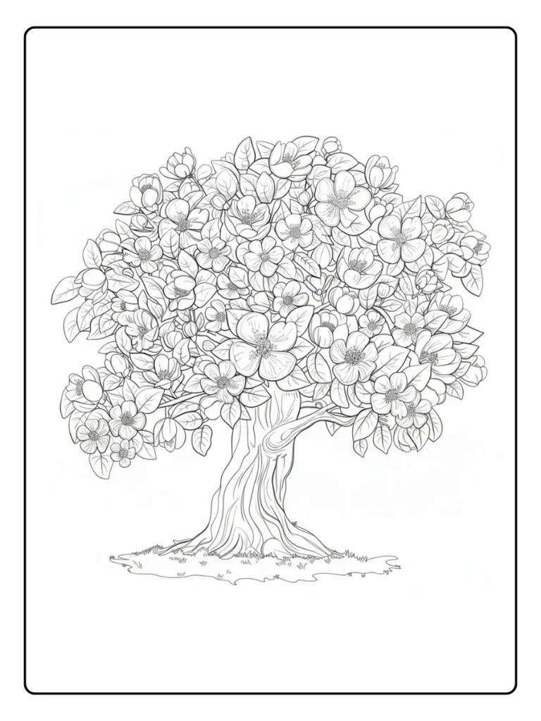 Detailed blooming cherry blossom tree coloring page