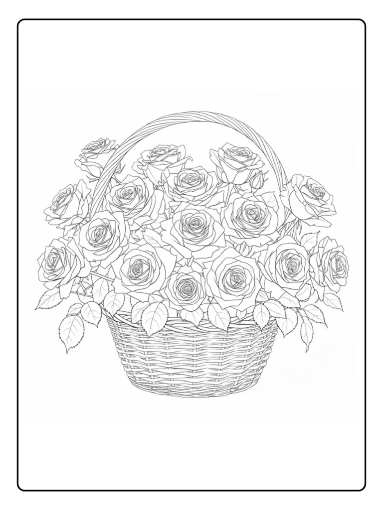 Wicker basket filled with blooming roses, black and white line art.