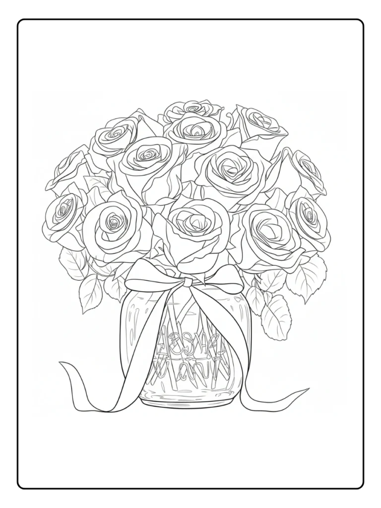 Bouquet of roses arranged in a transparent jar vase, coloring page.