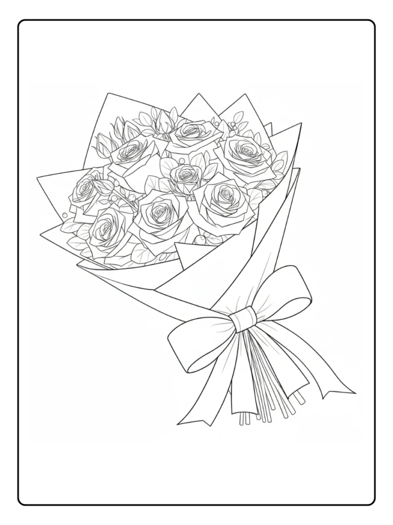 Rose bouquet wrapped in paper and tied with a large ribbon bow.