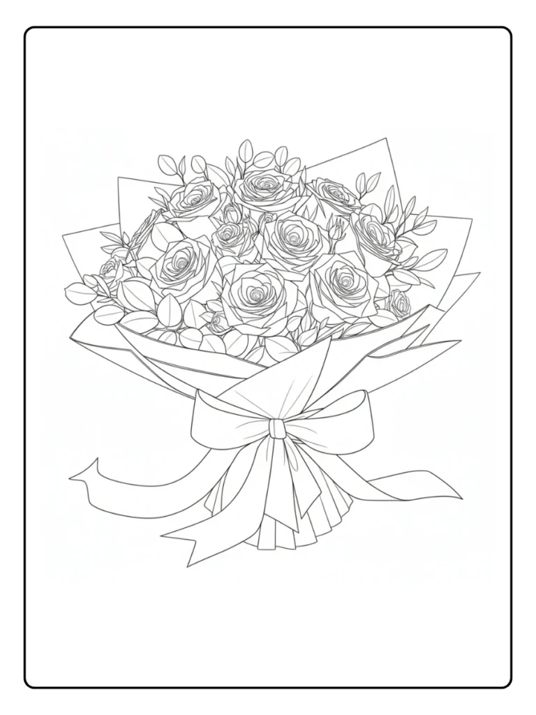 Bouquet of roses wrapped in layered paper sheets, line art illustration.