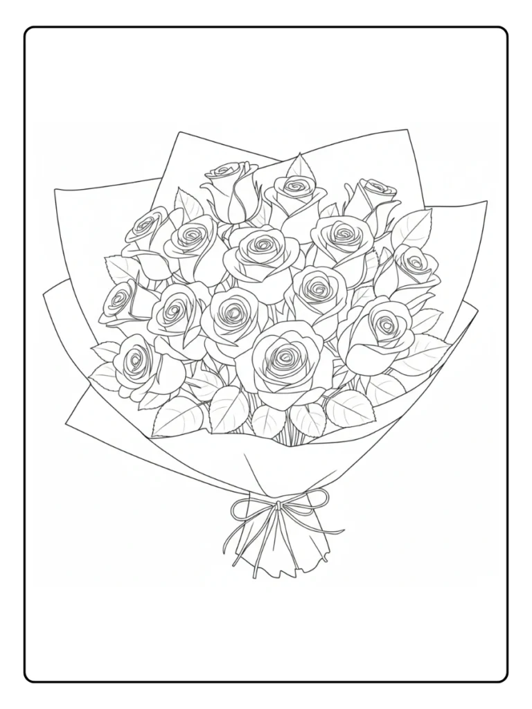 Compact round bouquet of roses tied at the base with string.