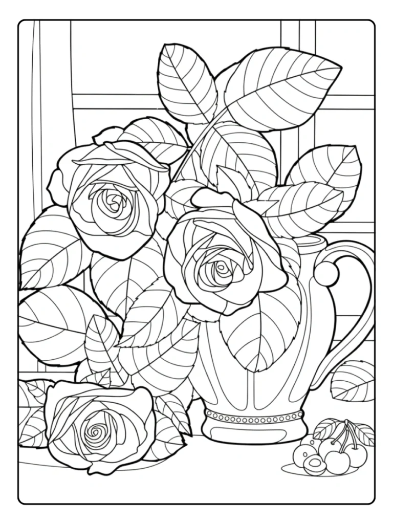 Teacup overflowing with roses and leaves, black and white coloring illustration.