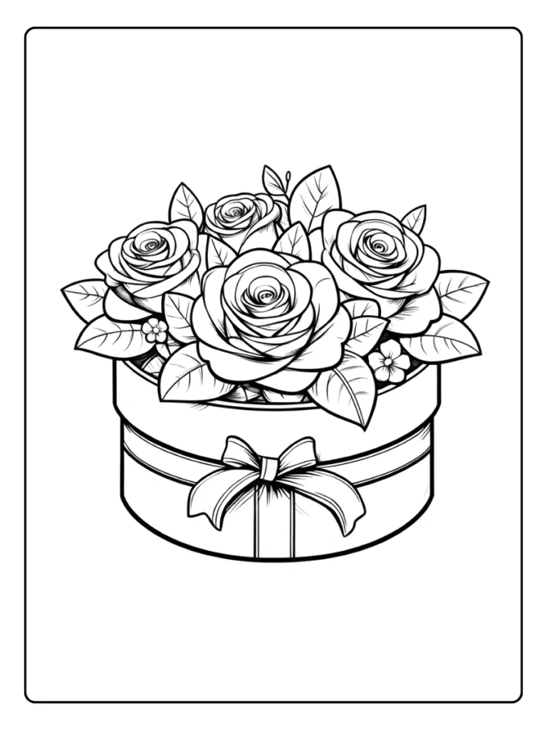 A detailed line drawing of a round hatbox filled with blooming roses. The box is decorated with a tied ribbon at the front. The illustration has clean outlines and medium detail, making it suitable for adult or teen coloring.