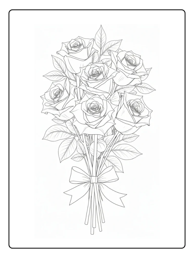 Black and white illustration of a hand-tied bouquet of roses with stems visible.