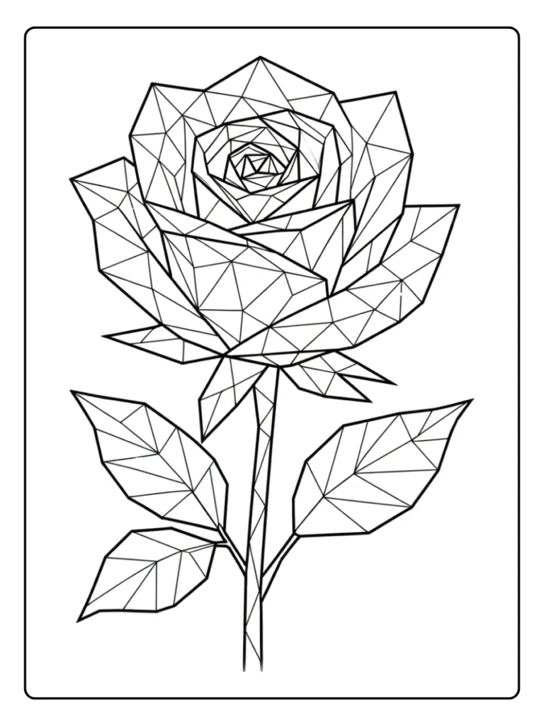 Single rose with geometric polygon-style petals and leaves, coloring page.
