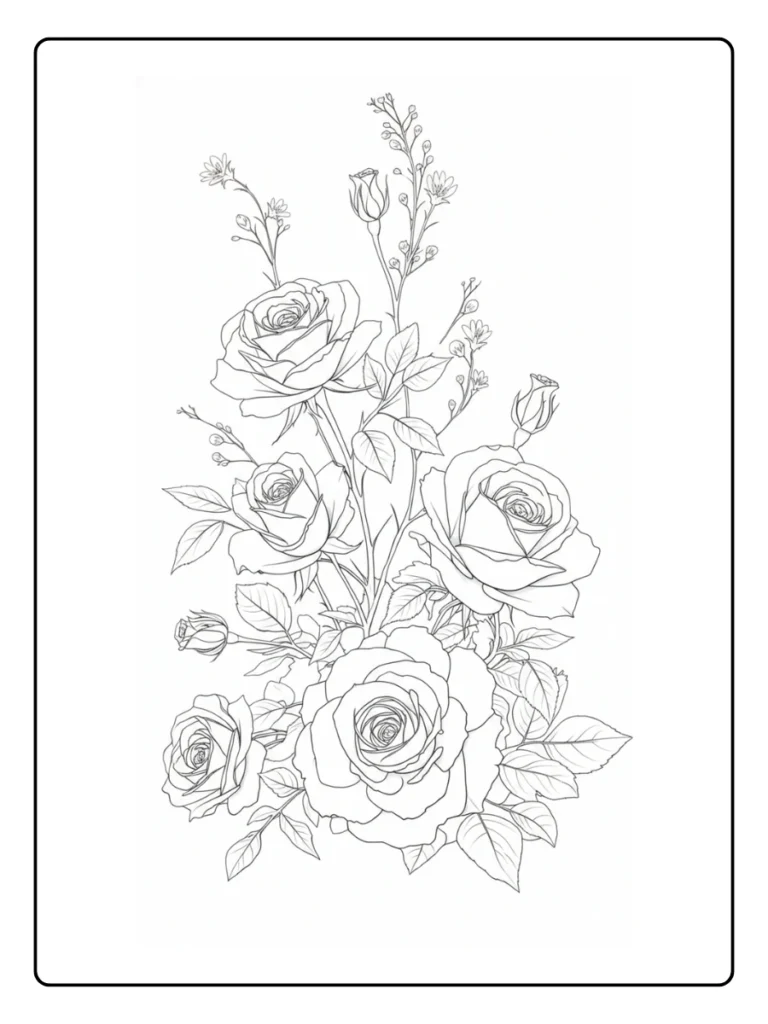 Vertical cascading bouquet of roses and leaves in outline drawing style.