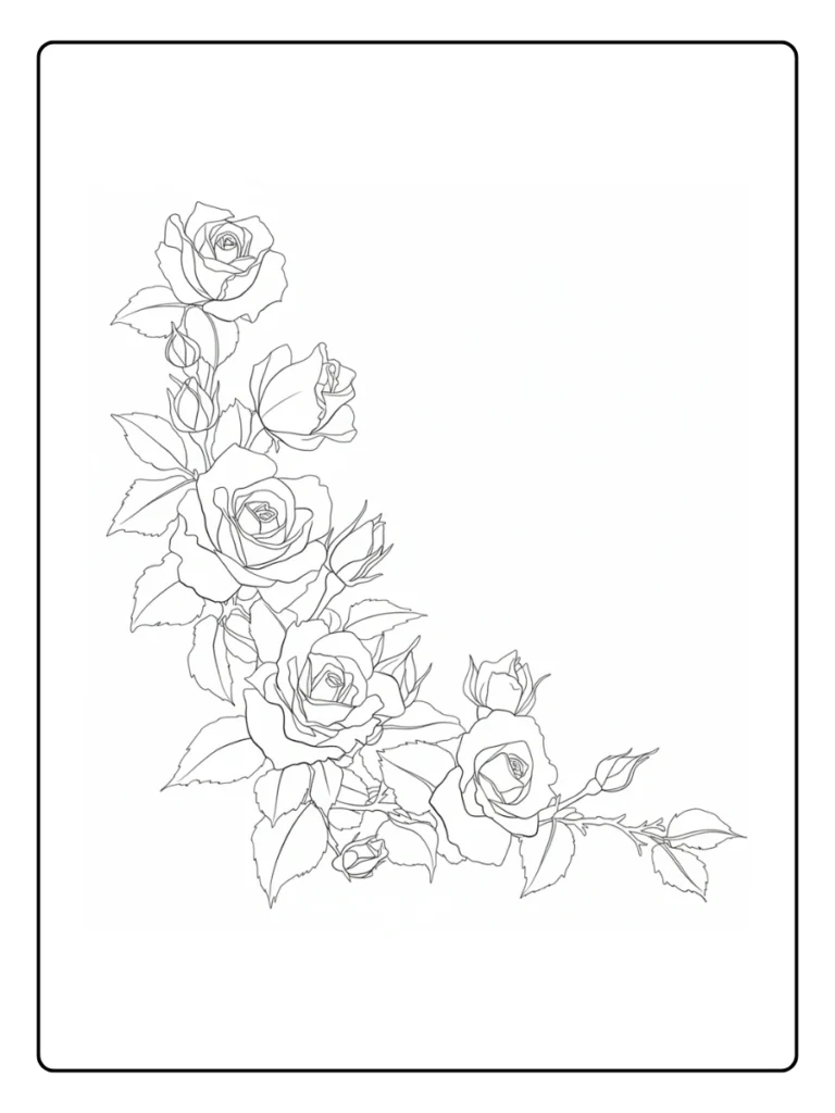 Elegant rose vine branch with multiple blossoms and leaves in outline form.