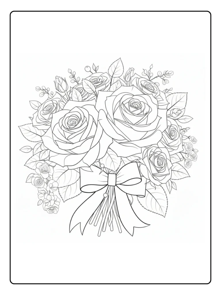Full round bouquet of roses with detailed petals, coloring page.