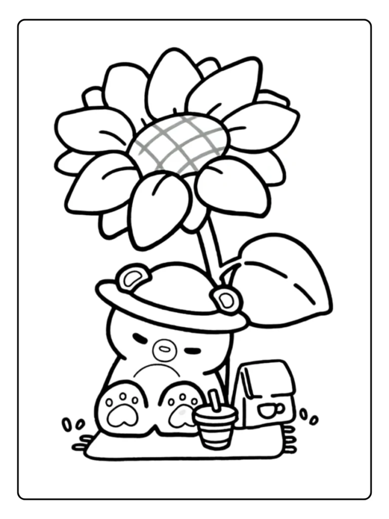 Kawaii sunflower character coloring page for toddlers