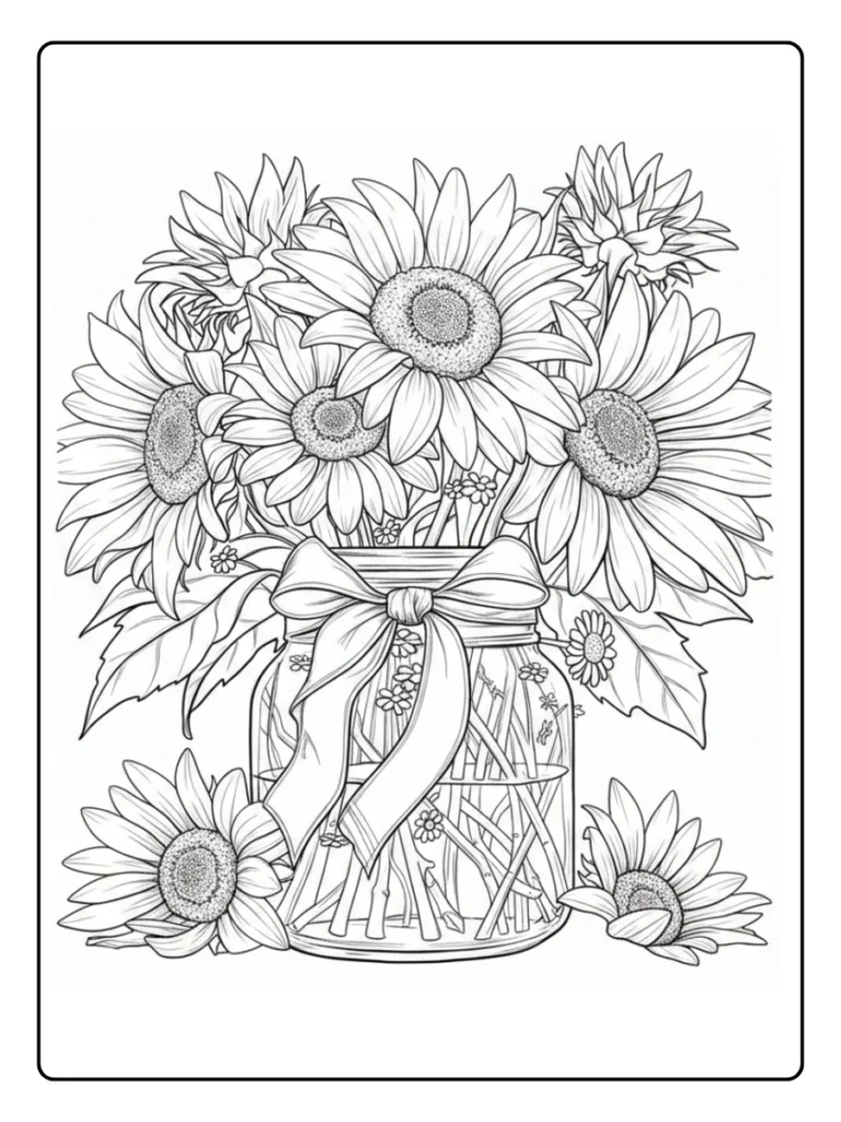 Sunflower mason jar with ribbon coloring page