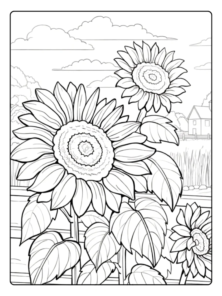 Sunflowers in a field landscape coloring page