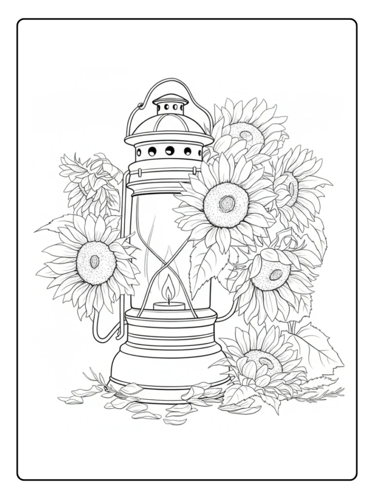 Vintage lantern and sunflowers floral coloring page