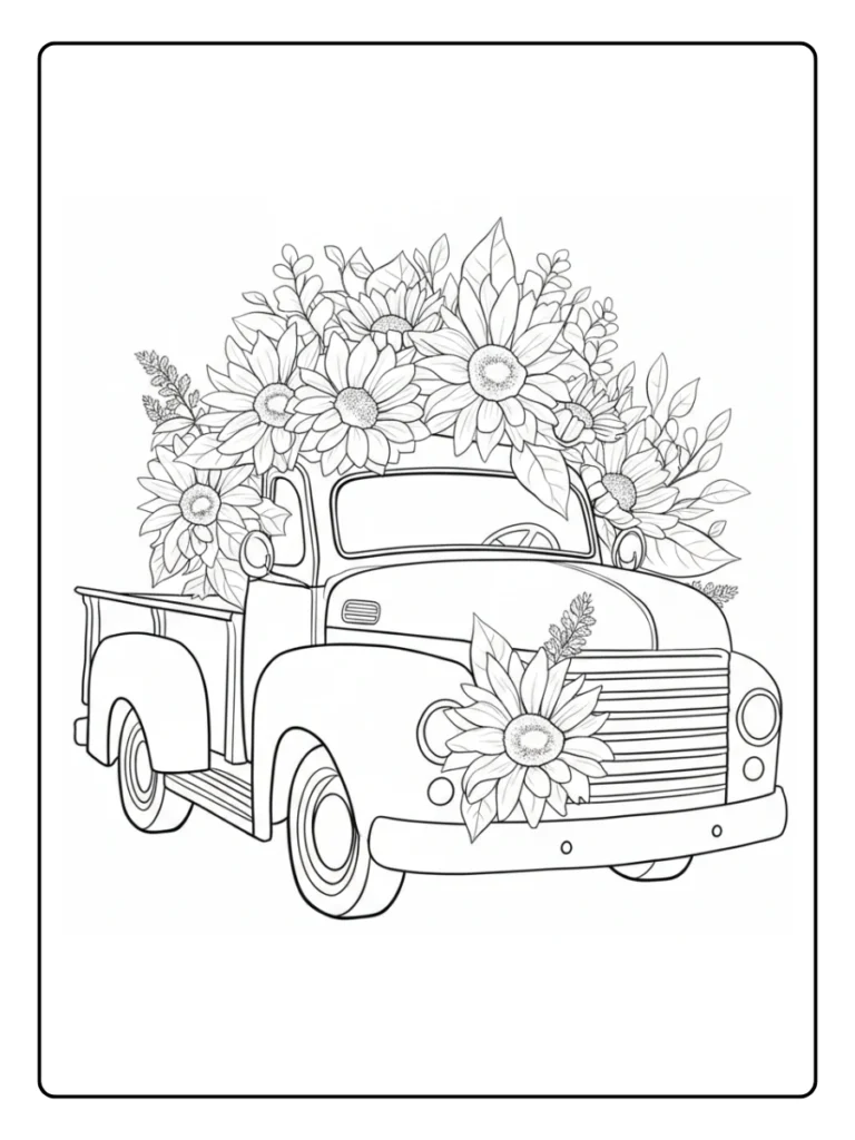 Vintage truck carrying sunflowers coloring page