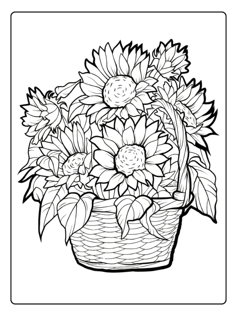 Hand-drawn sunflower bouquet in a basket printable
