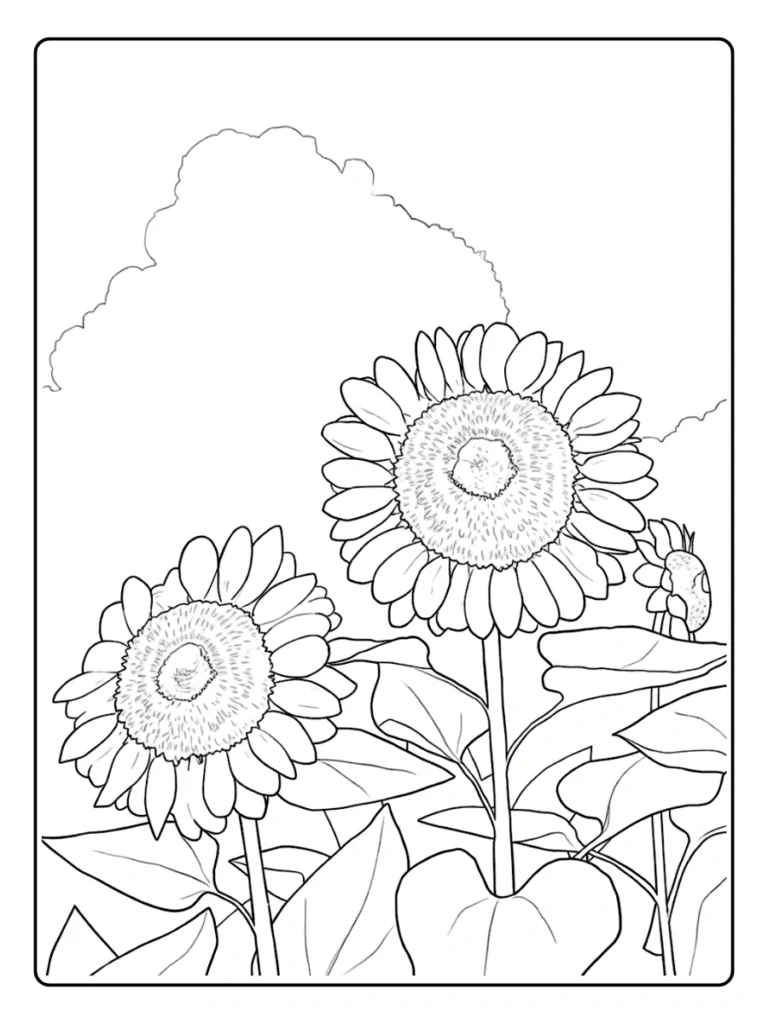 Minimalist sunflower field and big cloud coloring page