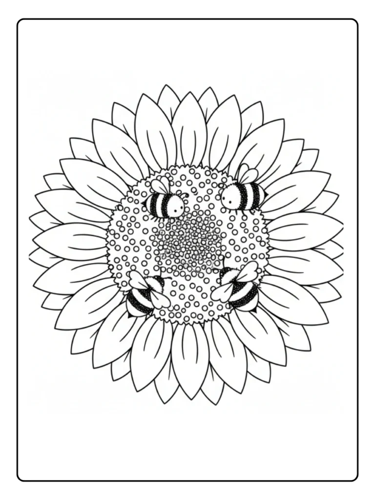 Sunflower and honeybees garden coloring page