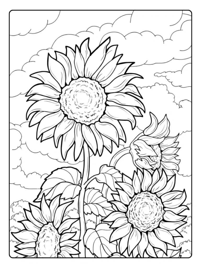 Tall sunflowers and summer clouds coloring sheet