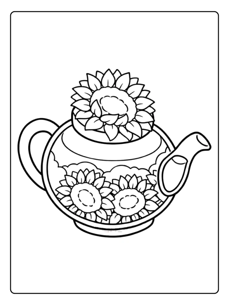 Sunflowers in a teapot whimsical coloring page