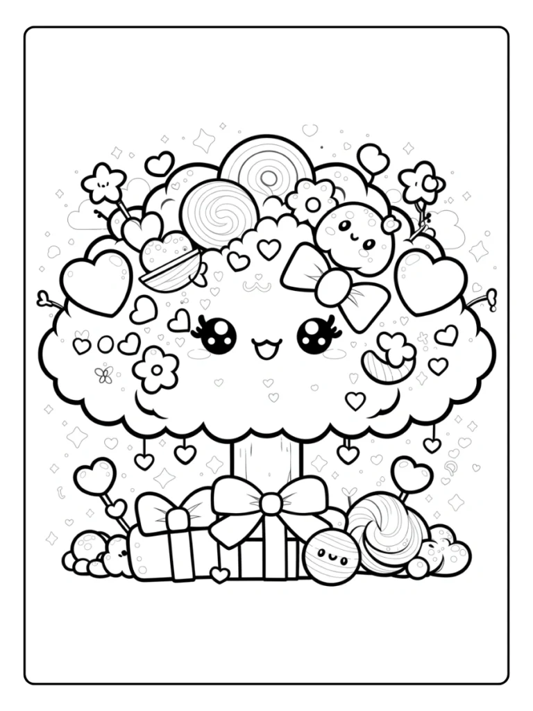 Kawaii magical tree coloring page for kids