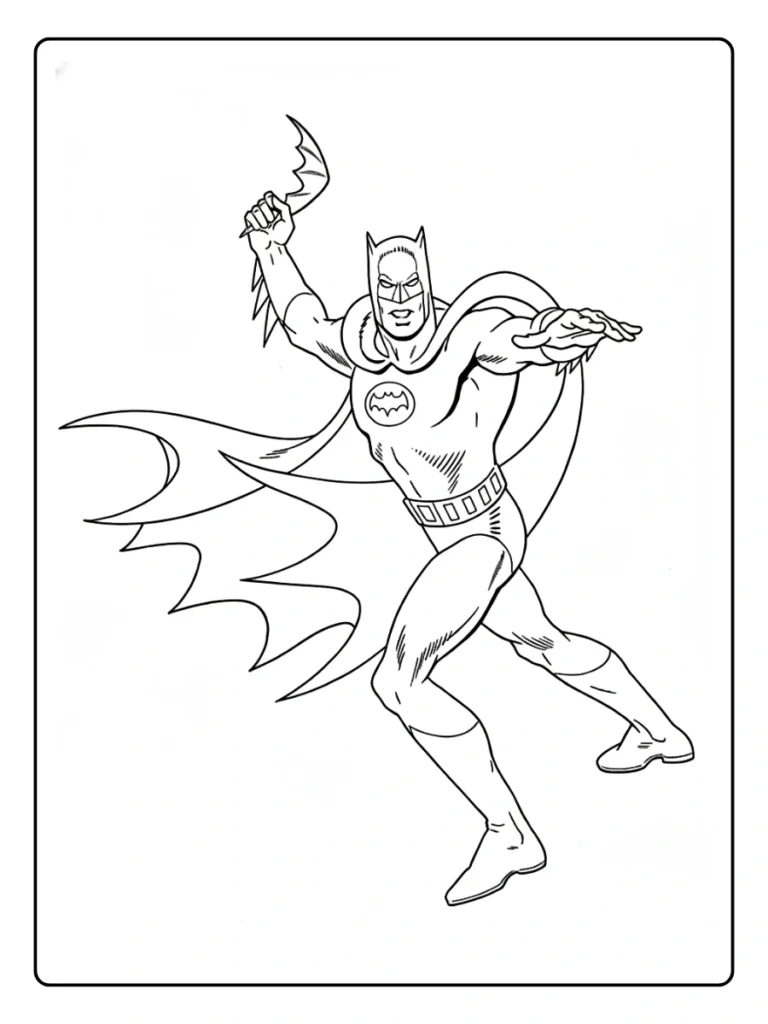 Batman throwing a Batarang coloring page.