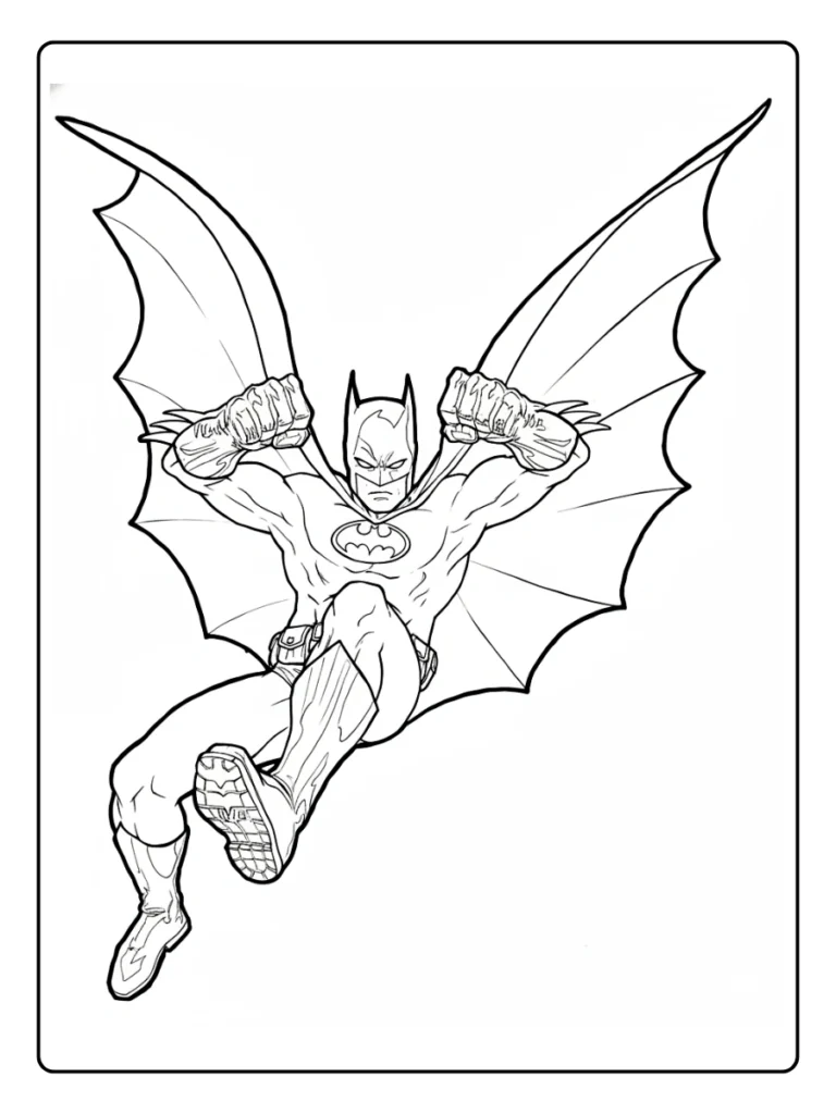 Batman soaring with wings spread coloring page.