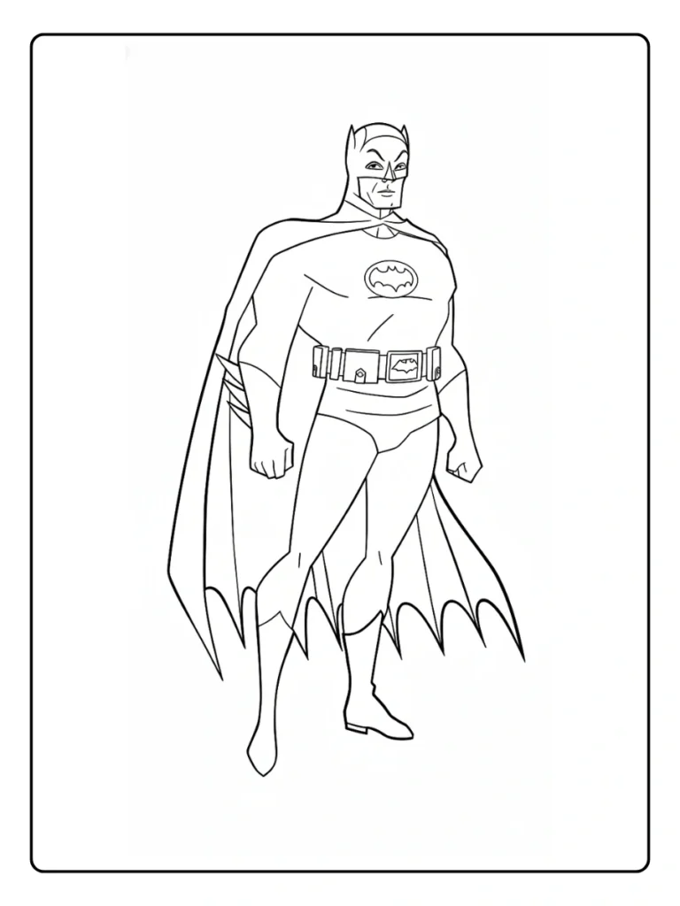 Full body Batman standing pose coloring page.