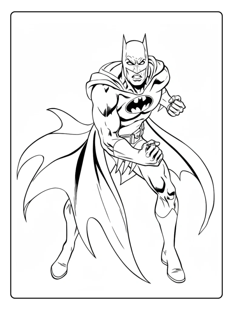 Batman in a heroic crouch coloring page.