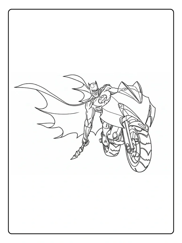 Batman riding the Batcycle coloring page.